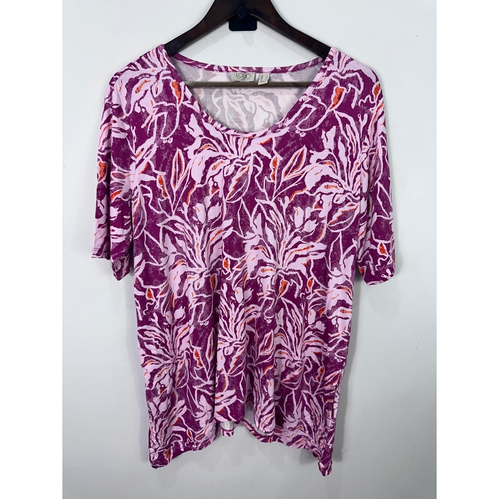 LOGO Lori Goldstein Purple Abstract Leaf Print Sharkbite‎ Hem Tunic Top Large